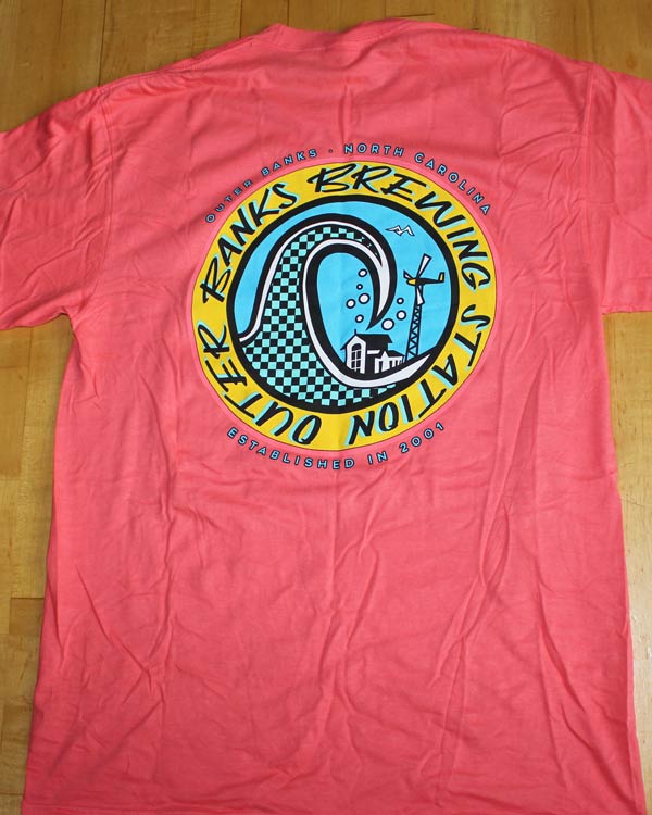 Salmon Outer Banks t-shirt with a wave for the Outer Banks Brewing Station.